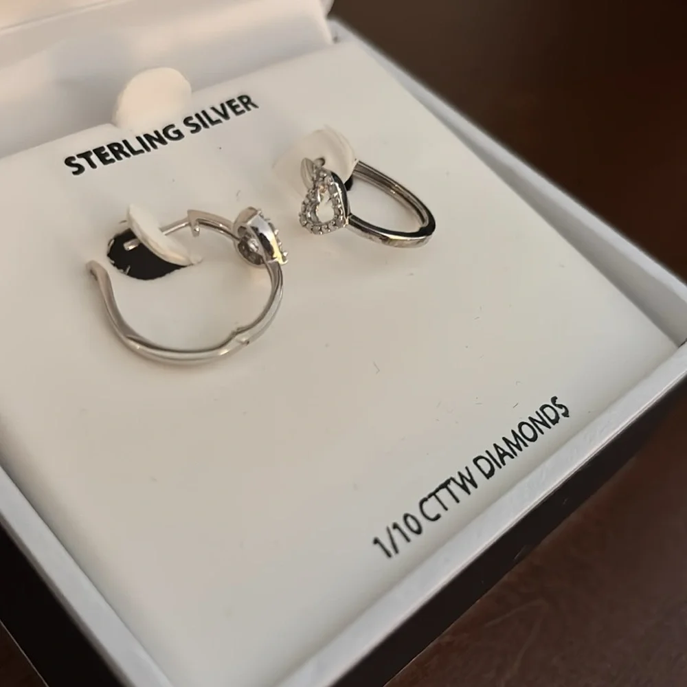 Sterling Silver Diamond Hoop heart Earrings ❤️ - Picture 4 of 6